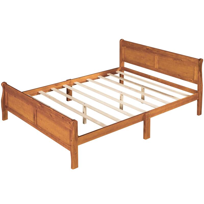 Classic Sleigh Bed Queen Size Platform Bed with Curved Headboar and Footboard, Solid Pine Wood Panel Bed Frame with Slat Support