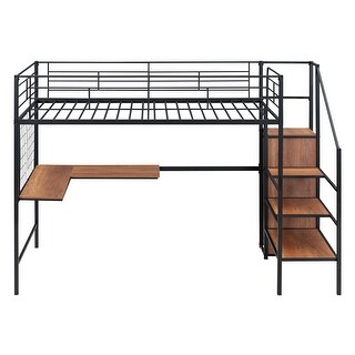 Black Twin Size Metal Loft Bed with Desk and Metal Grid, Stylish Metal Frame Bed with Lateral Storage Ladder and Wardrobe