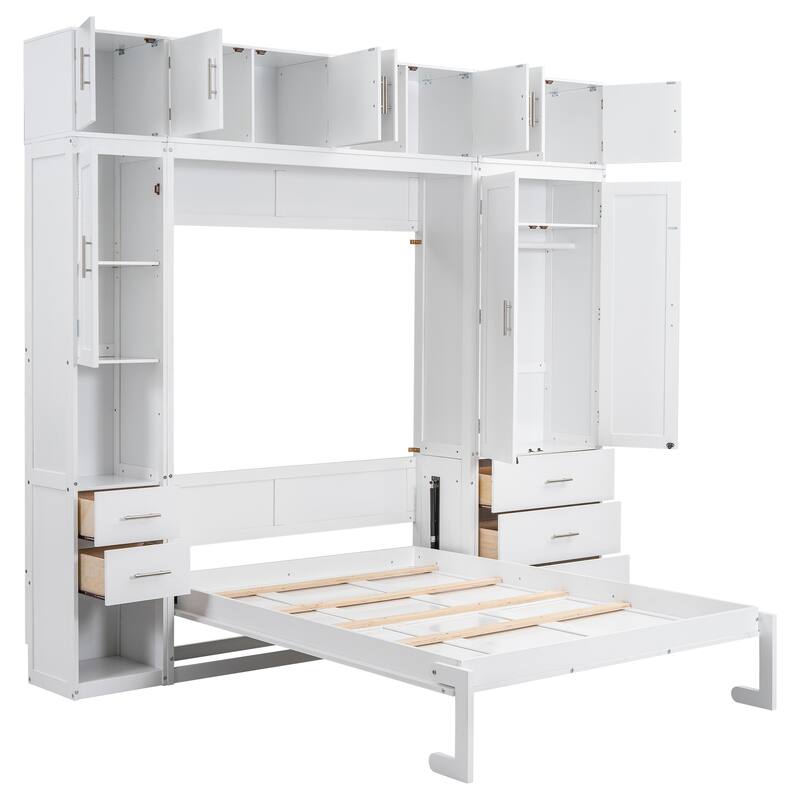 Space-Saving Full Size Murphy Bed with Storage Lockers & Wardrobes, White