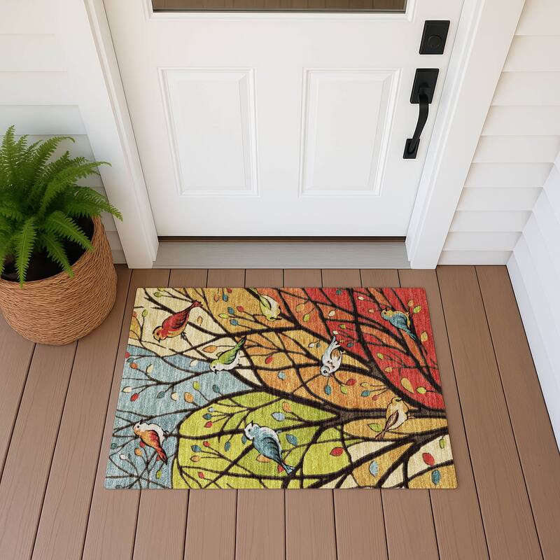 Machine Washable Indoor/ Outdoor Bird Mosaic Chantille Rug - Gold - 1'8" x 2'6"