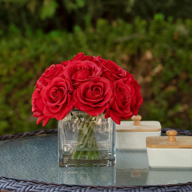 Enova Home Artificial Silk Rose Flowers in Cube Glass Vase with Faux Water for Home Office Decoration - N/A