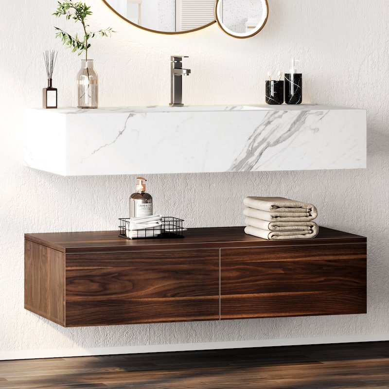 Moasis 39.4" Single Bathroom Vanity Set Wall Mounted Marble Top Cabinet with 2 Drawers