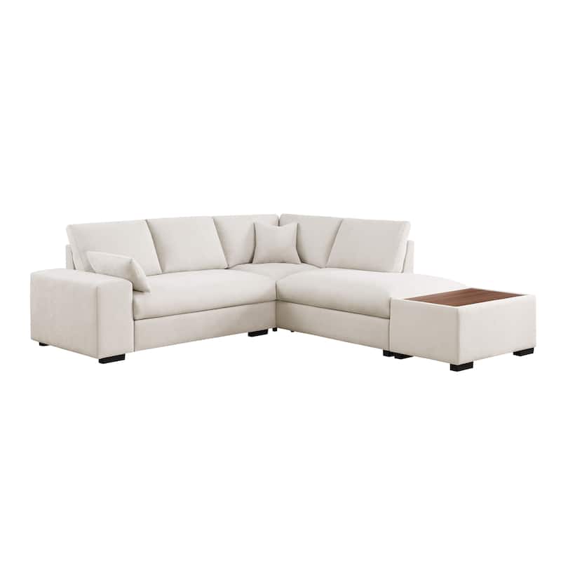 100"W Beige Woven Sectional Sofa w/ Right Chaise, Console Ottoman & 2 Pillows