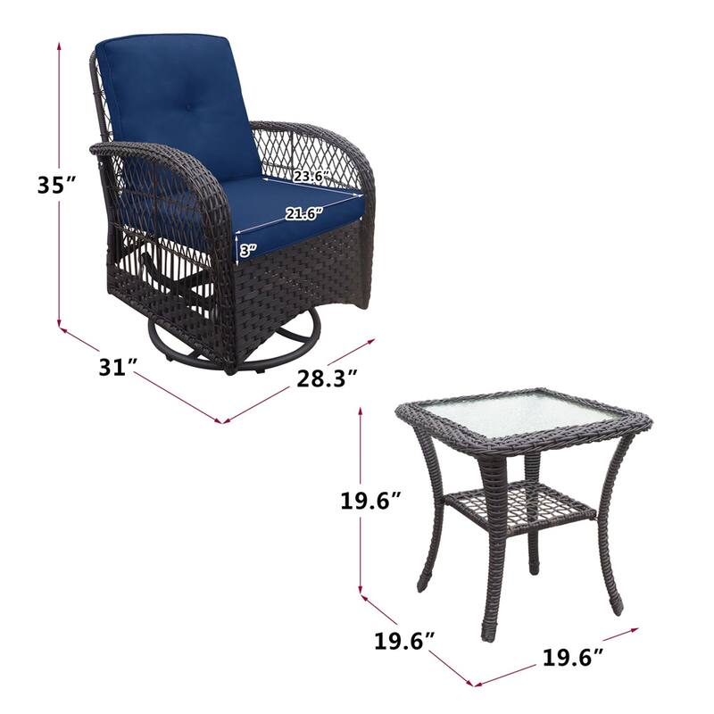 360-Degree Patio Wicker Swivel Rocker Chairs Set,w/Cushions and Table - Navy Blue