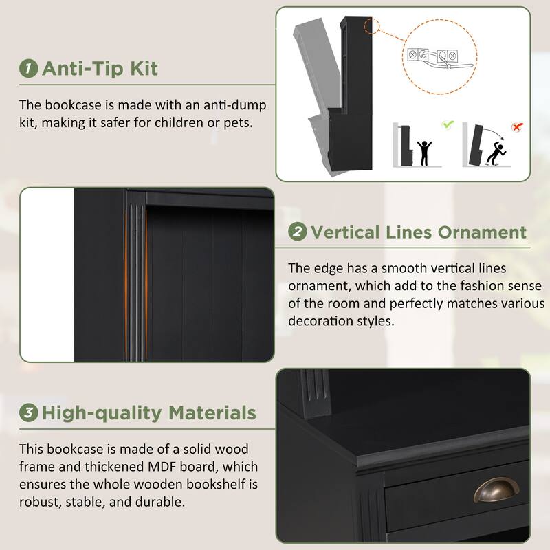 Merax Modern Storage Bookcase with Adjustable Open Shelves, Sliding Cabinet Doors & Anti-Tip Safety