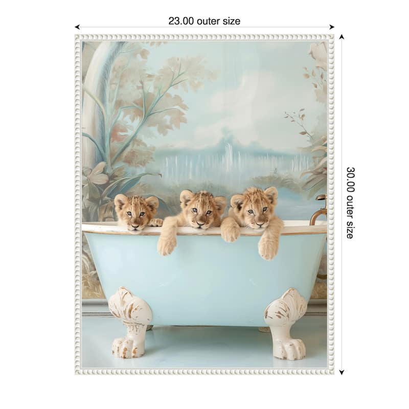 Blue Lagoon Lion Cubs by Niky Rahner Framed Canvas Wall Art - 23 x 30 in