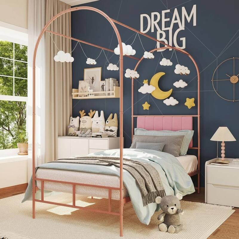 Twin Canopy Bed Frame, with Upholstered Headboard - Pink