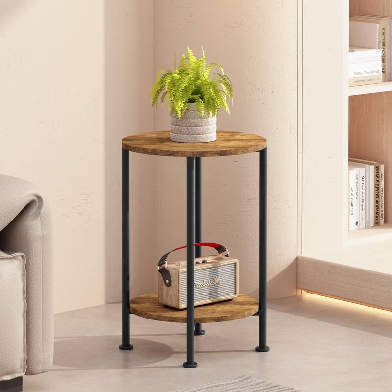 Anmytek Rustic Brown 3 Piece Coffee and End Table Set with Storage Shelves Round Modern Farmhouse Living Room Accent Table Set