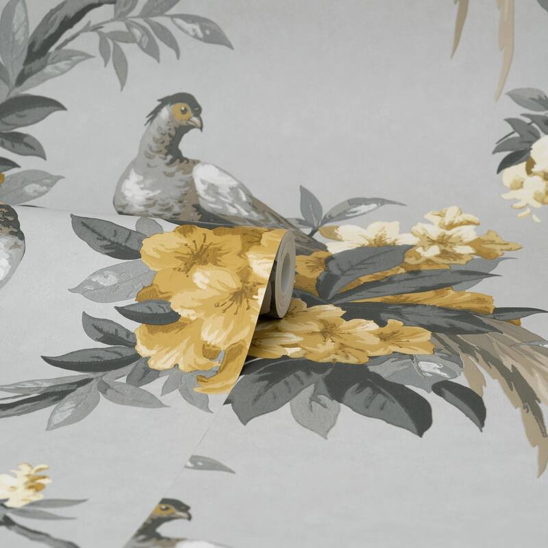 Brewster Golden Pheasant Grey Floral Wallpaper