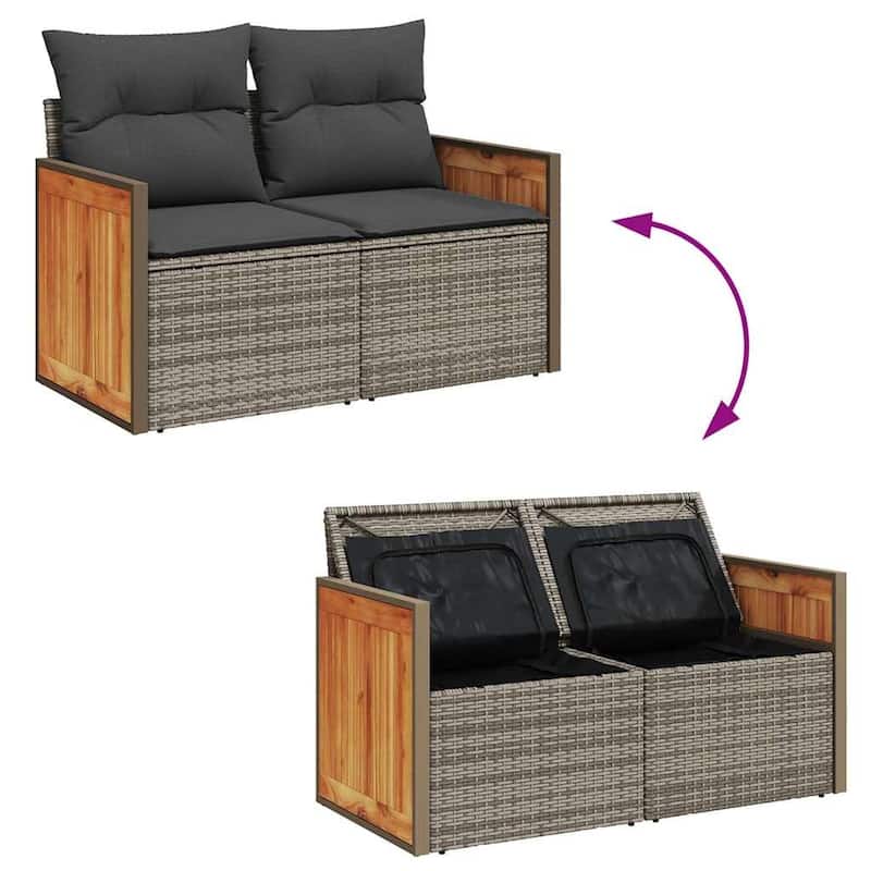 vidaXL Patio Sofa Set with Cushions Lounge Set 6 Piece Poly Rattan Acacia - 68.1 x 24.4 x 33.5 in