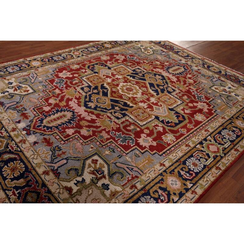 Geometric Heriz Serapi Indian Area Rug Handmade Red Wool Carpet - 7'10"x 10'0"