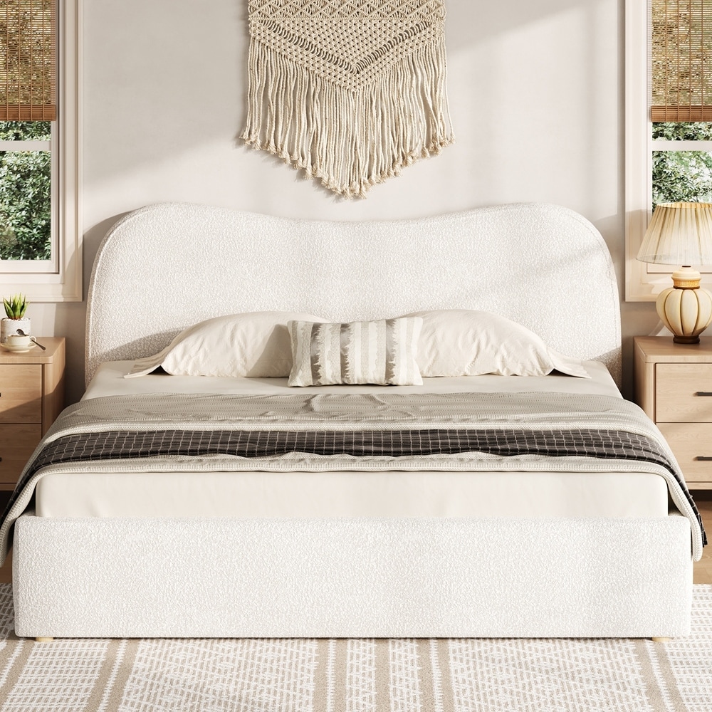 Boucle Upholstered Platform Bed with Wooden Slats