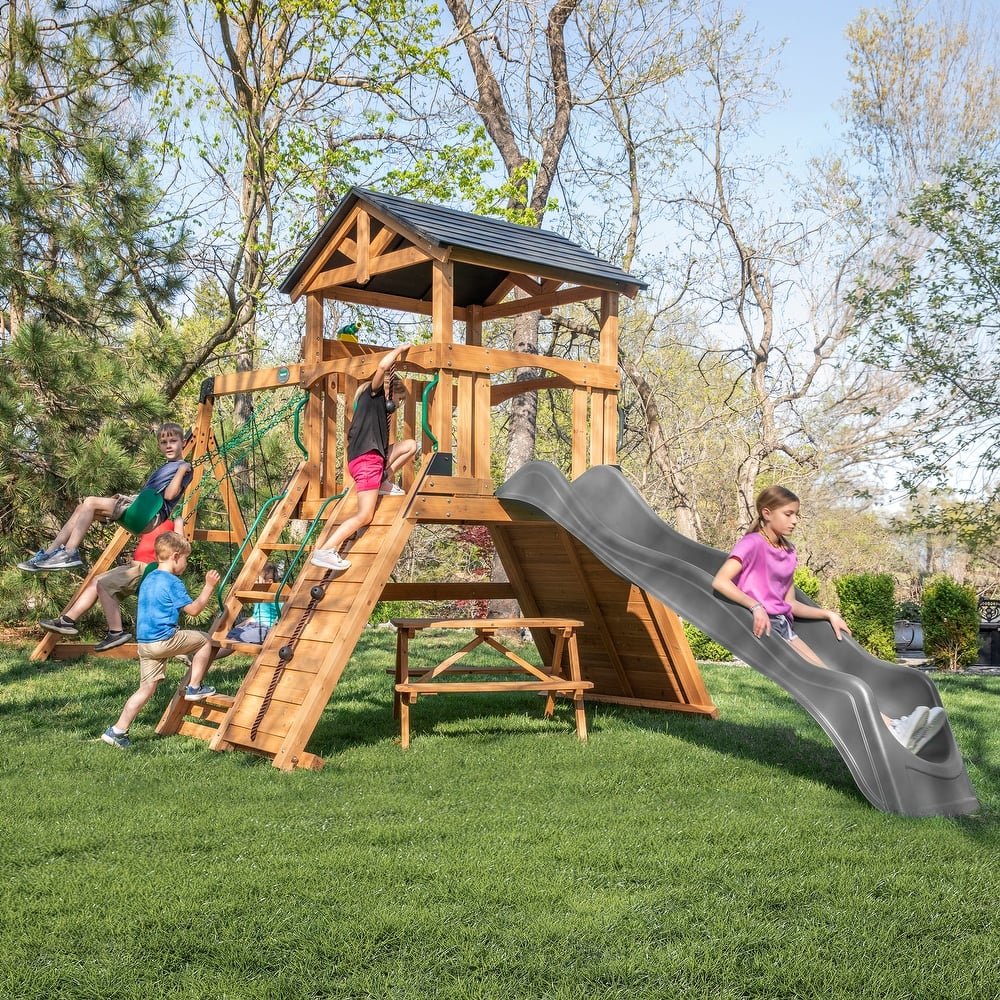 Backyard Discovery Endeavor II Cedar Wood Swing Set, Slide, Play Deck
