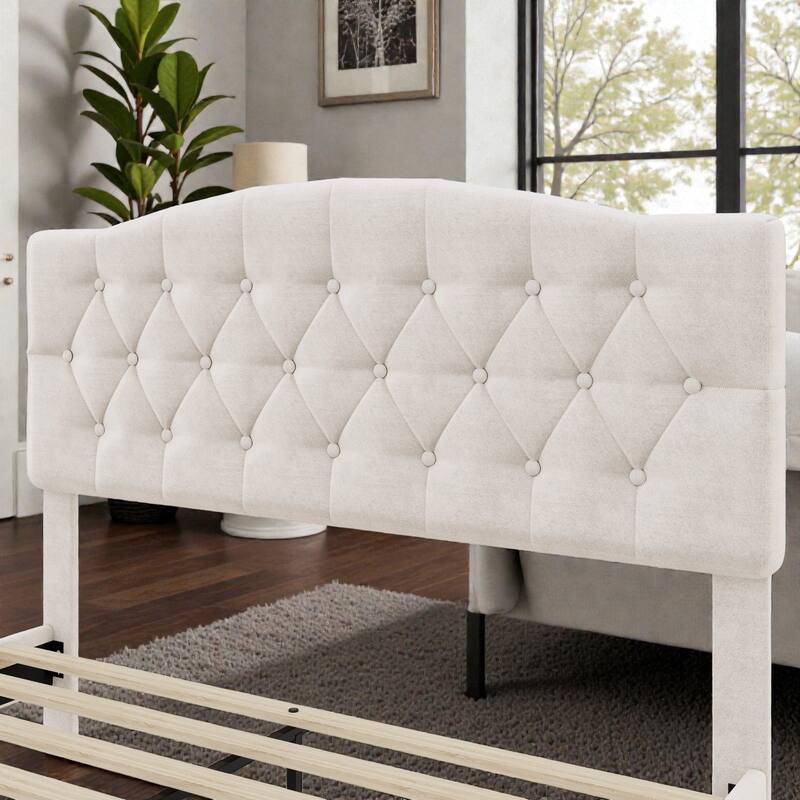 Upholstered Platform Bed with Adjustable Saddle-Curved Diamond Tufted Headboard, Wooden Slats and Metal Support