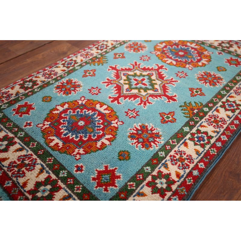 Turquoise Blue Kazak Foyer Rug Handmade Oriental Wool Carpet - 1'11" x 2'11"