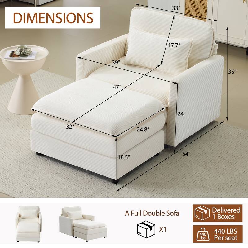 Plush Single Sofa Armchair & Ottoman Set of 2, Corduroy Chaise Lounge with Pillows - Compact Size for Living Room, Bedroom