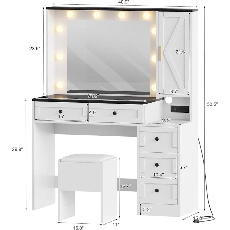 Makeup Vanity Desk and Stool,Vanity Table Set with Charging Station, Drawers and Hidden Storage Shelves