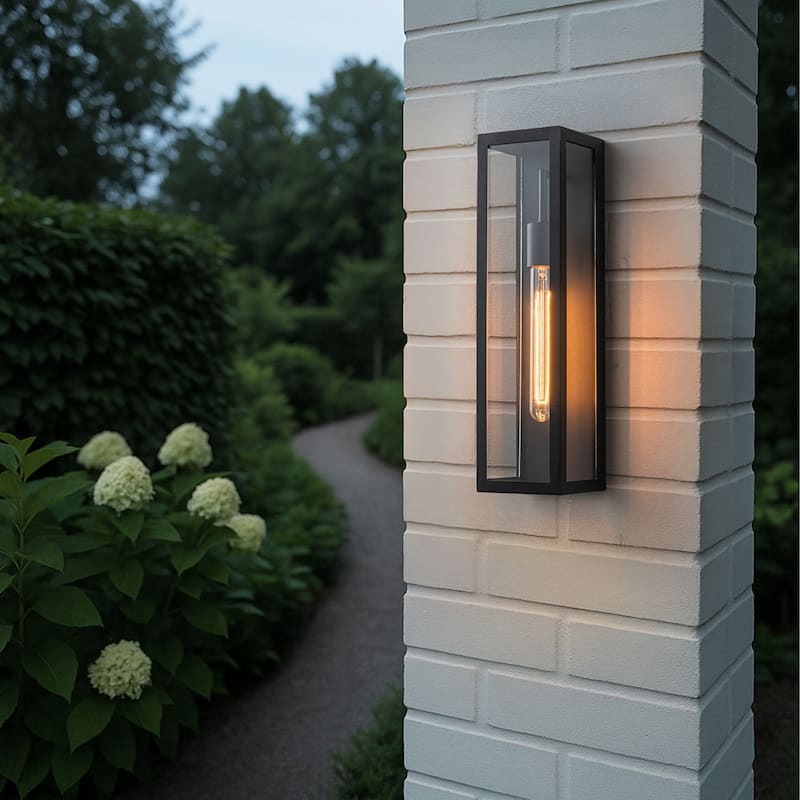 H18" Modern Black Outdoor Wall Lantern with Clear Glass Dusk to Dawn Outdoor Wall Light Open Bottom Wall Sconce for Entryway