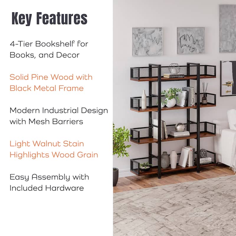 Sturdis 4 Tier Solid Wood Metal Industrial Bookshelf with Mesh Barriers, Black - 60