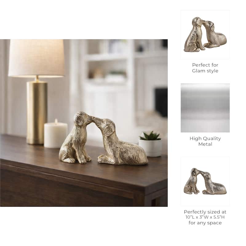 Cute Kissing Dogs Statue Figurine - Decorative Sculpture - 10", Gold - 9.75"