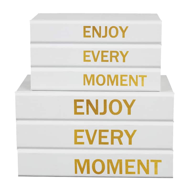 White or Black Canvas Faux Storage Book Box with Gold or White Enjoy, Every, Moment Text (Set of 2)