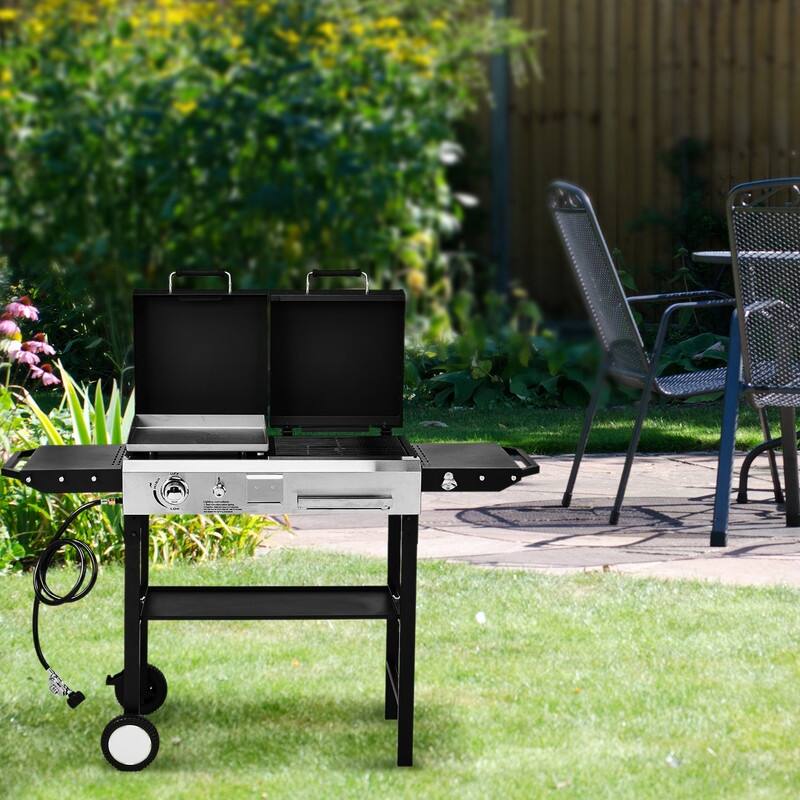 2-In-1 Propane Gas Grill And Charcoal Grill Combo 12000btu Flat Top Griddle & Charcoal BBQ Grill With Lid - N/A