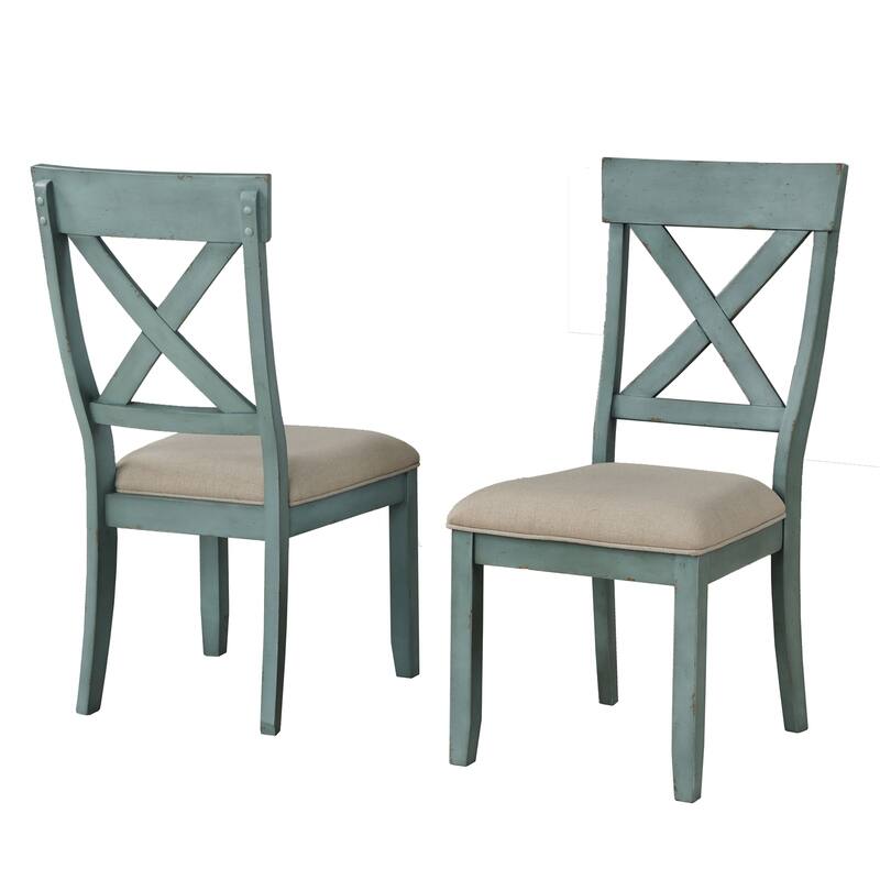 Wood Cross Back Upholstered Dining Chairs, Set of 2 - Blue