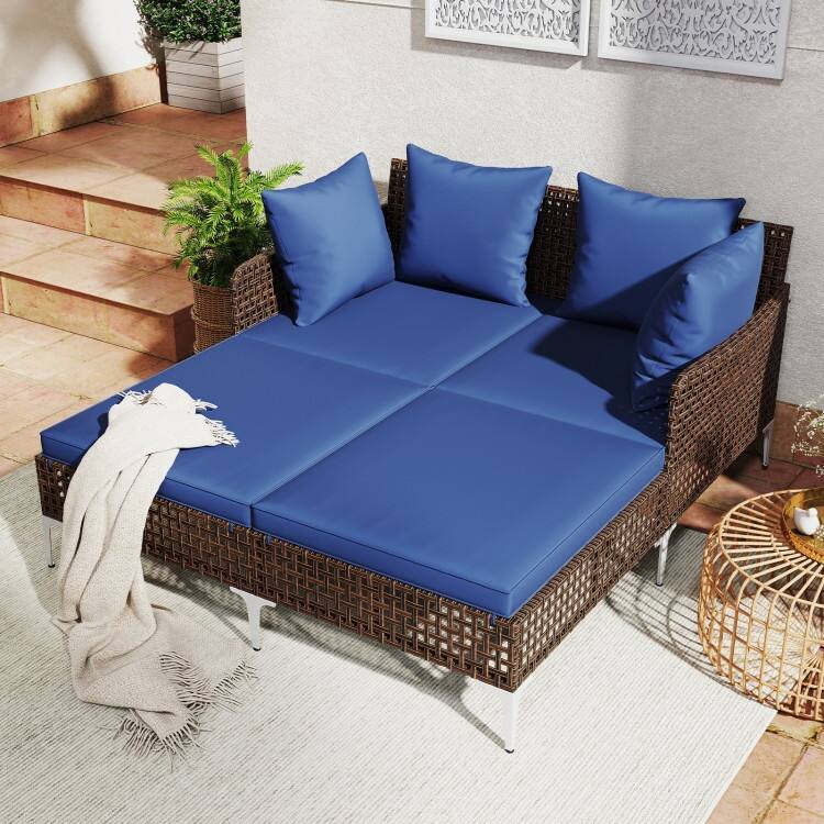 Mix Brown Rattan Day Bed with Cushions Outdoor Lounger - 60" x 52.5" x 27.5"