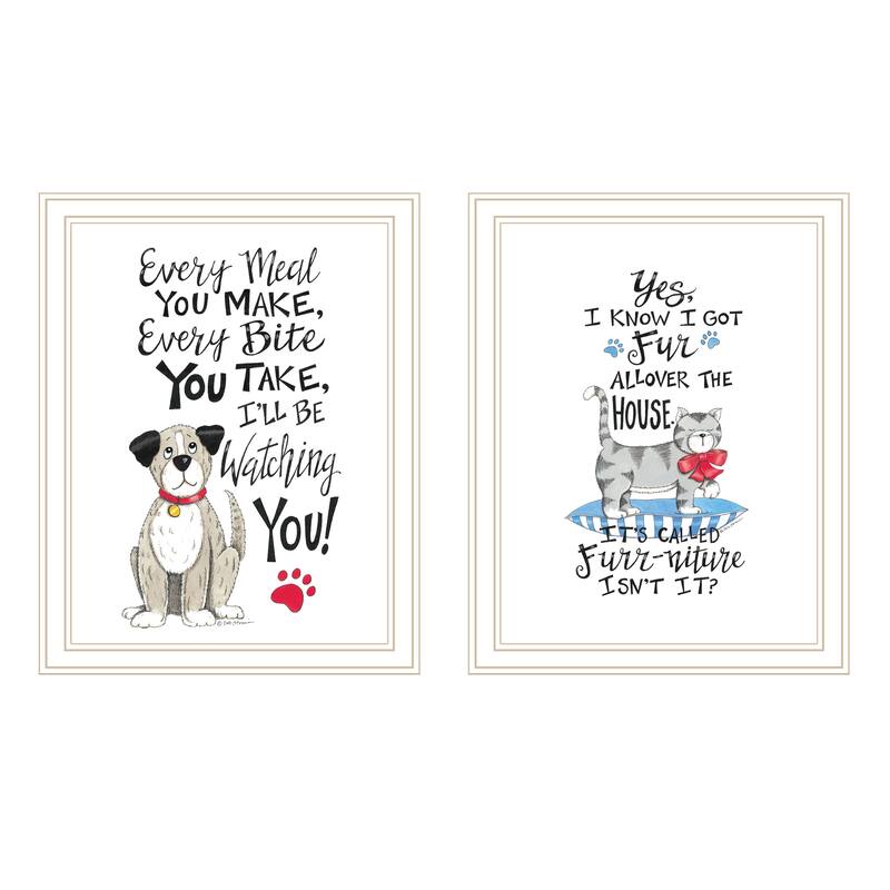 2-Piece Framed Wall Art Set - Humorous "It's Called Furr-niture, Isn't It?", White Frame