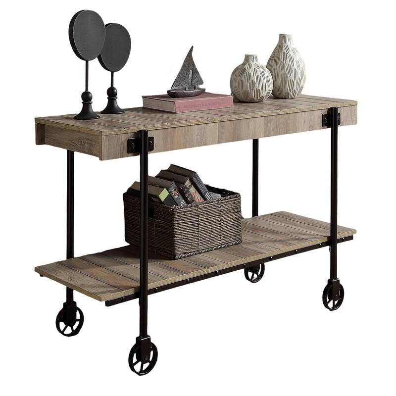 Industrial Style Sofa Table with Open Bottom Shelf and Replicated Wood Finish
