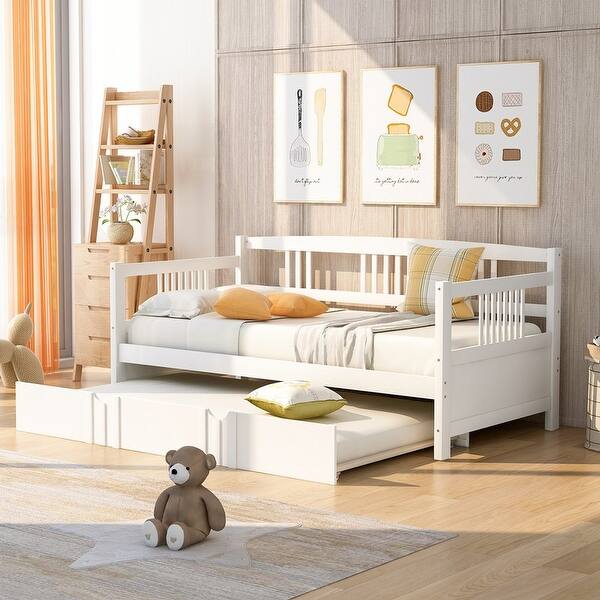 slide 2 of 7, Twin Size Daybed Wood Bed with Twin Size Trundle,White