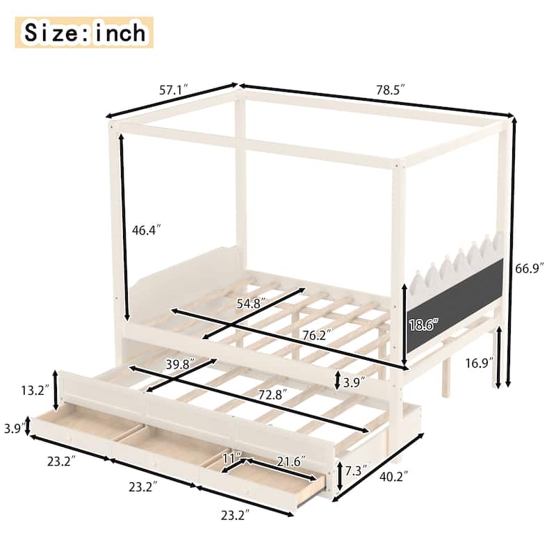 Full/Twin Platform Bed with Upholstered Headboard, Trundle & 3 Drawers, Princess Canopy Bed