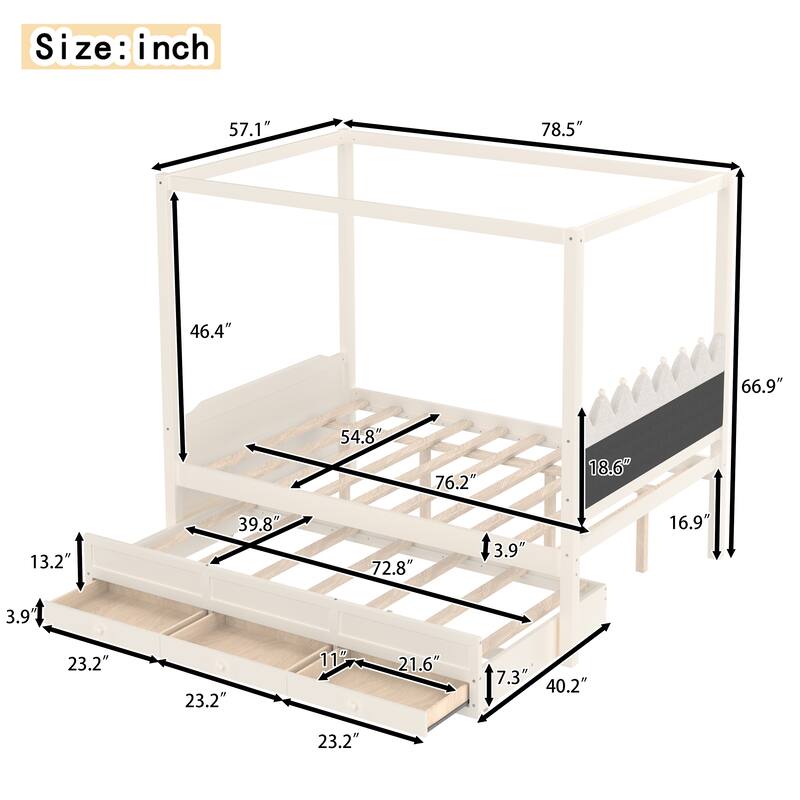 Princess Canopy Bed Upholstered Platform Bed withTrundle, Crown Headboard and 3 Underbed Storage Drawers for Kids