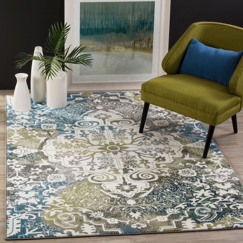 SAFAVIEH Watercolor Alani Modern Abstract Medallion Rug - 4' x 6' - Ivory/Peacock Blue