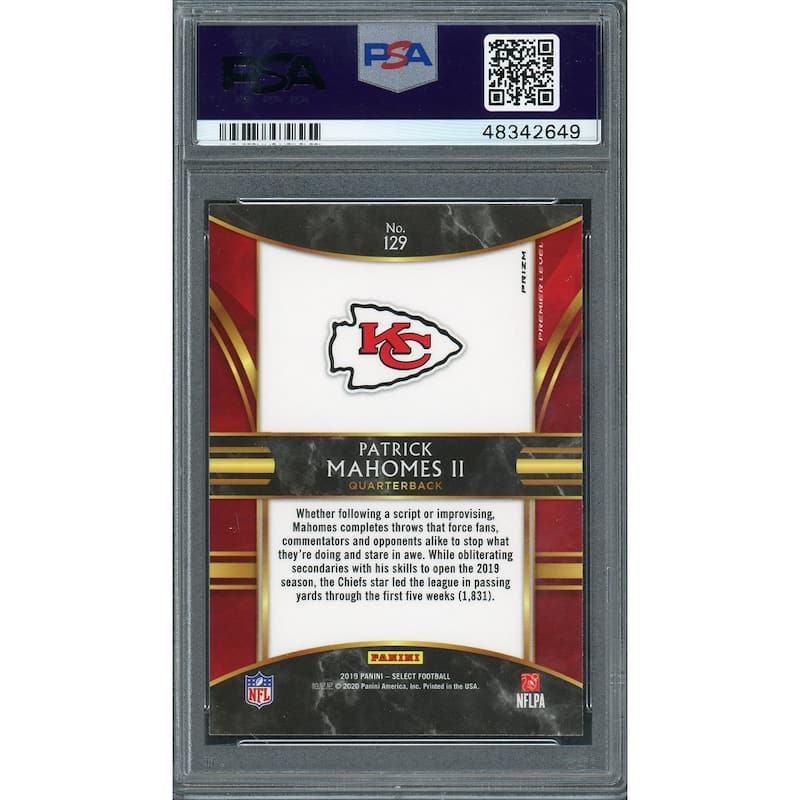 Patrick Mahomes 2019 Panini Select Silver Prizm Football Card #129 PSA 9 MINT - 8'6" x 11'6"