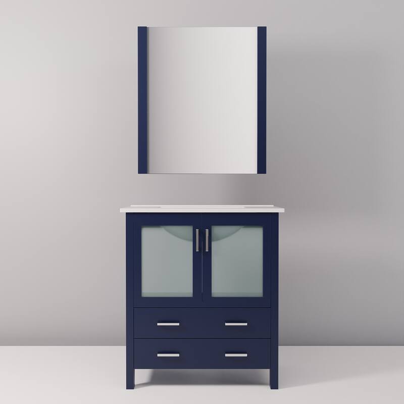 Bathroom Vanity with Ceramic Top, 28" x 32" Mirror, Soft Close Cabinet & Drawers, Scratch & Stain Resistant
