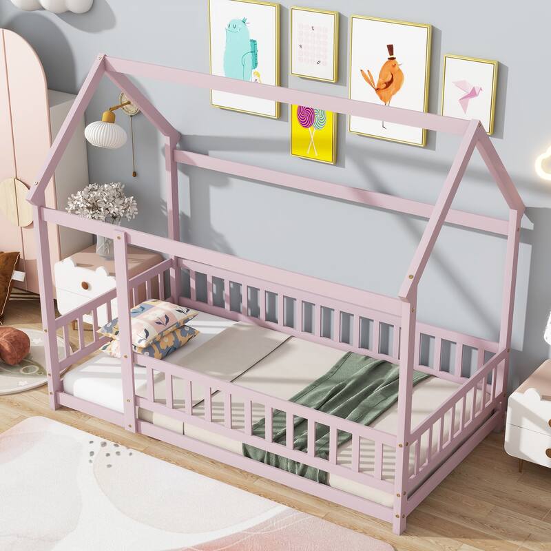 Twin Size Wooden Floor Bed with Roof Frame and Safety Guardrails, Pink
