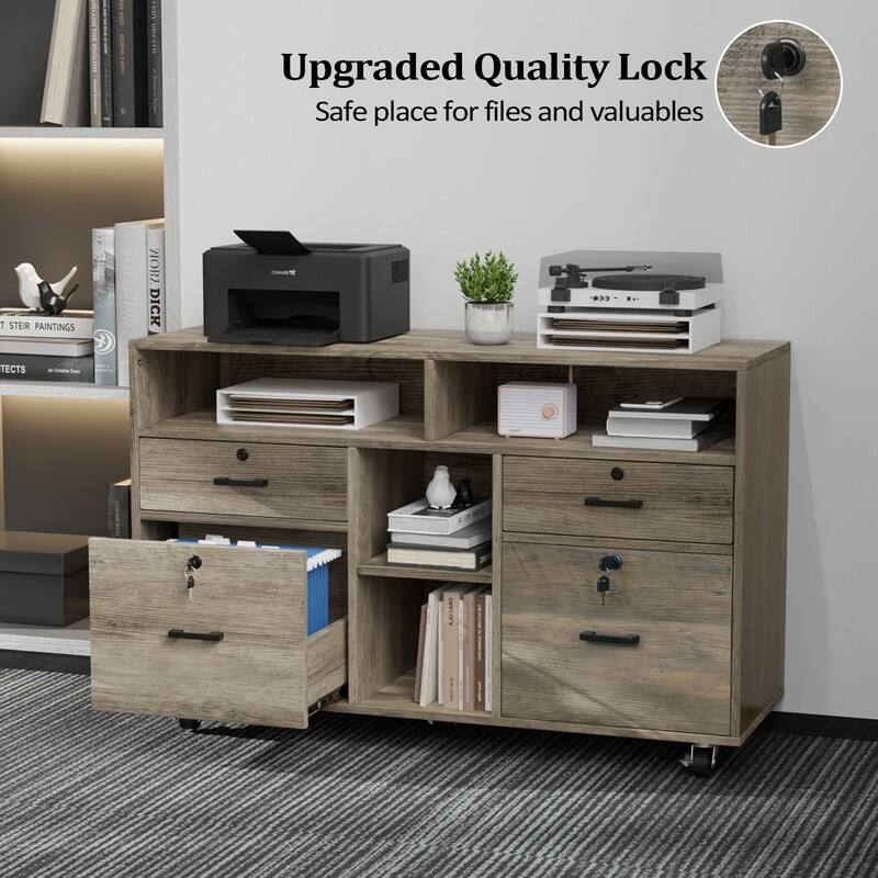 File Cabinet 4 Drawer Wood Mobile Lockable Rolling with Shelves
