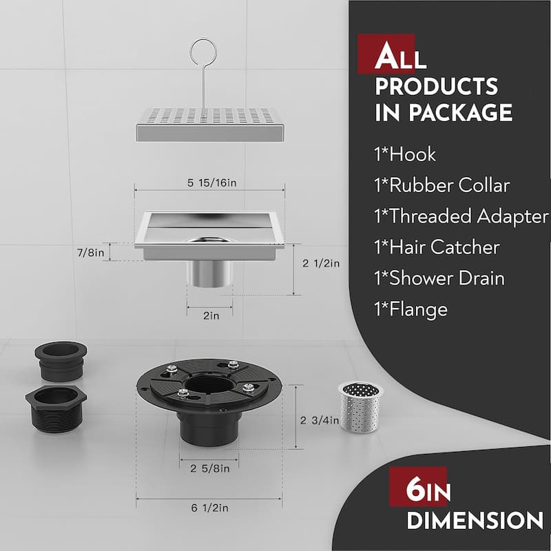 6-Inch Square Shower Floor Drain, Quadrato Pattern Grate - 6 inch