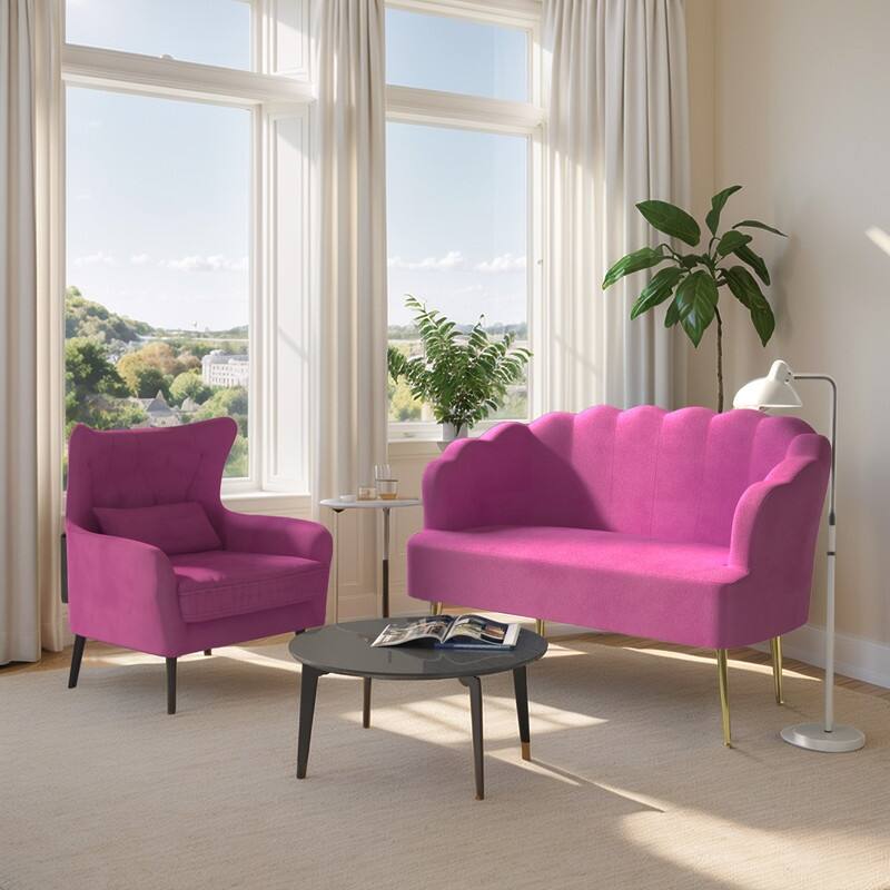 Velvet Tuft Thick Cushion Metal Legs Loveseat Sofa - Pink Velvet