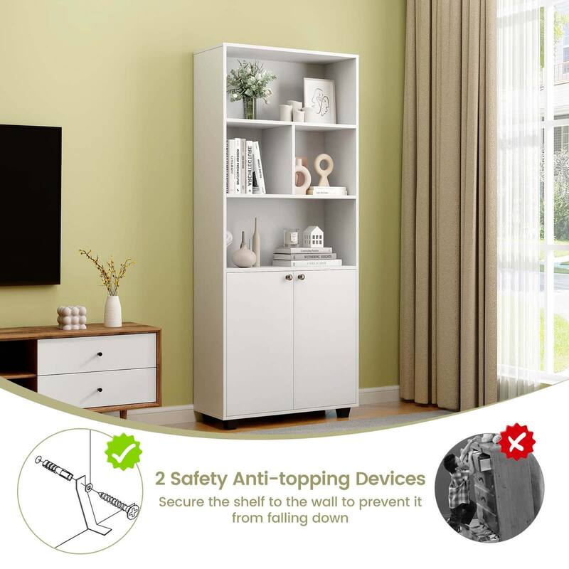 Costway 66" Tall Home 5 Tier Free Standing Bookshelf 2-Door Storage - See Details