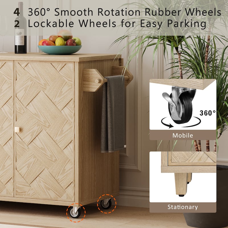 51.2" Wood Rolling Kitchen Island w/ Drop Leaf, Internal Storage Rack