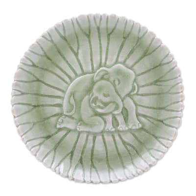 Novica Handmade Elephant Nurture Small Celadon Ceramic Plate