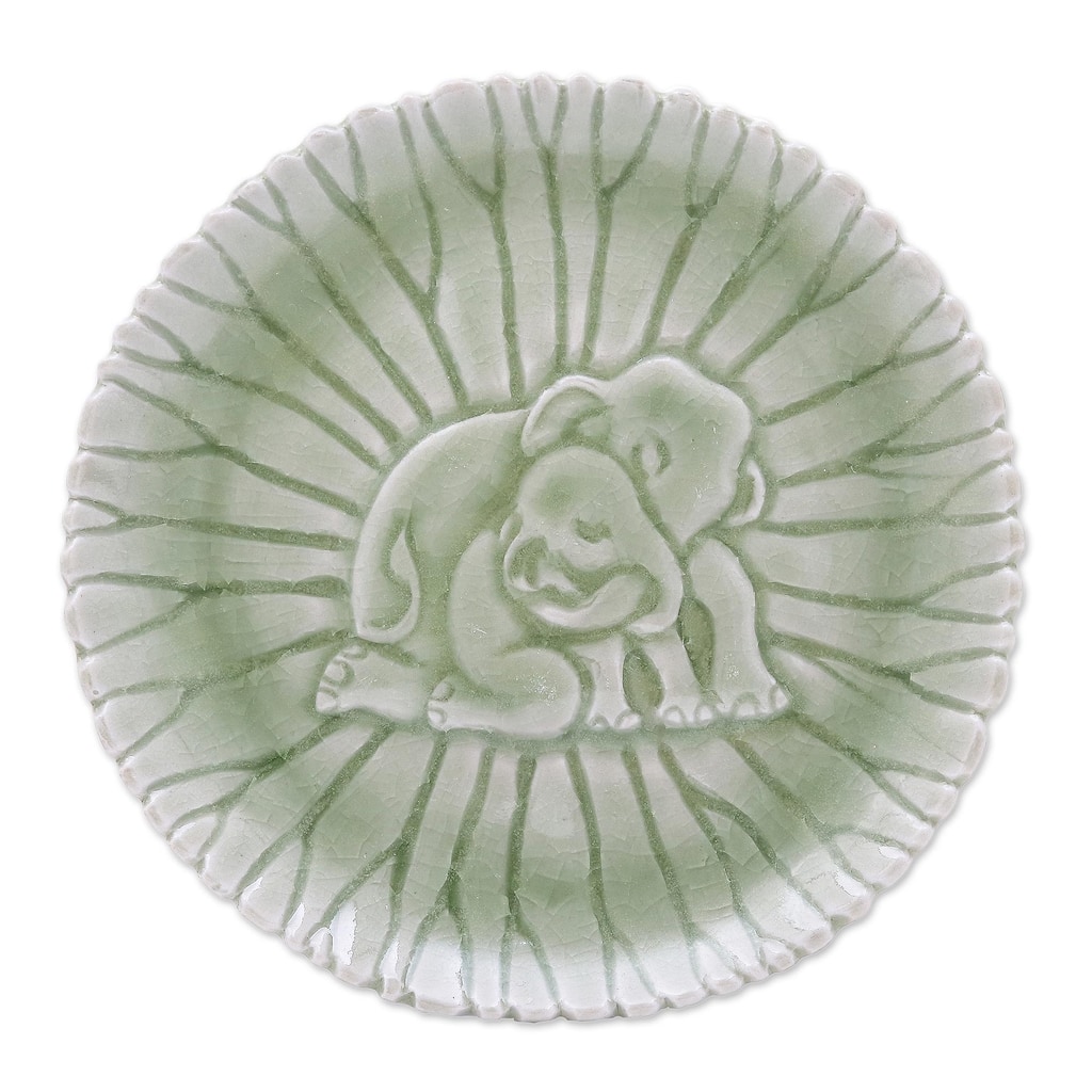 Novica Handmade Elephant Nurture Small Celadon Ceramic Plate