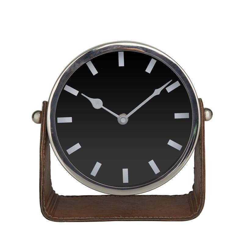 Stainless Steel Metal Decorative Clock with Leather Stand - Silver or Gold - Roche River Decor - Silver - 7"W, 7"H