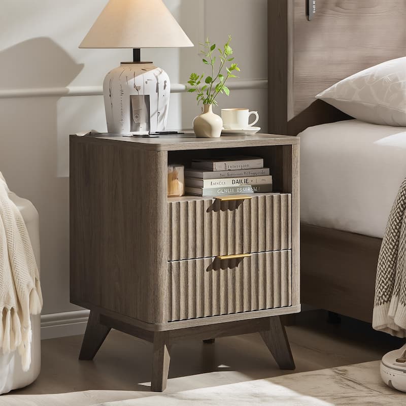Modern Minimalist Side Table, Fluted Nighstand End Table for Bedroom - Grey Alder
