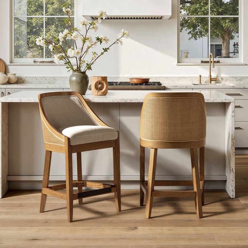 Jennifer Taylor Home Charleston 27" Cane Performance Fabric Upholstered Oak Counter Stool in Taupe Beige Textured Weave