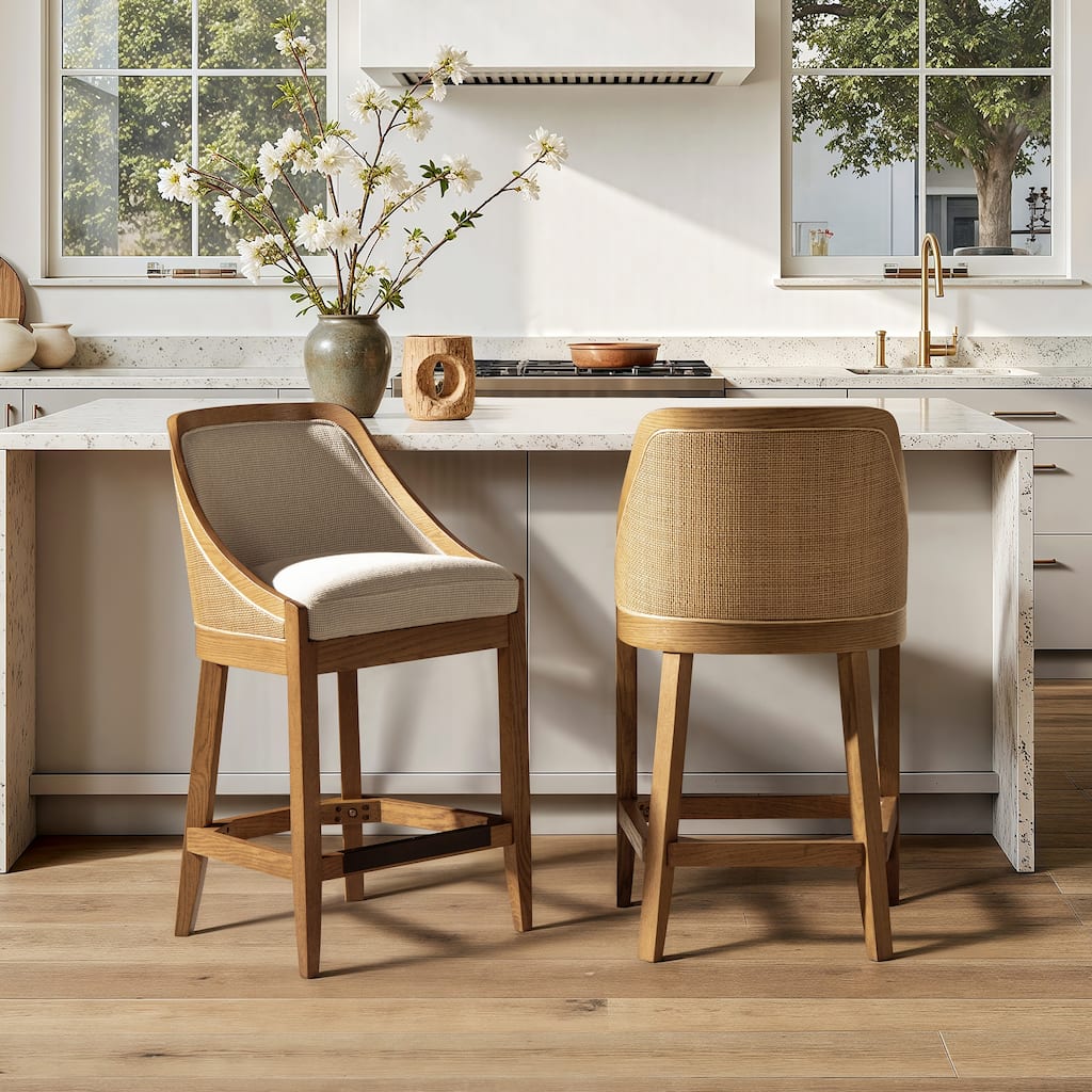 Jennifer Taylor Home Charleston 27" Cane Performance Fabric Upholstered Oak Counter Stool in Taupe Beige Textured Weave