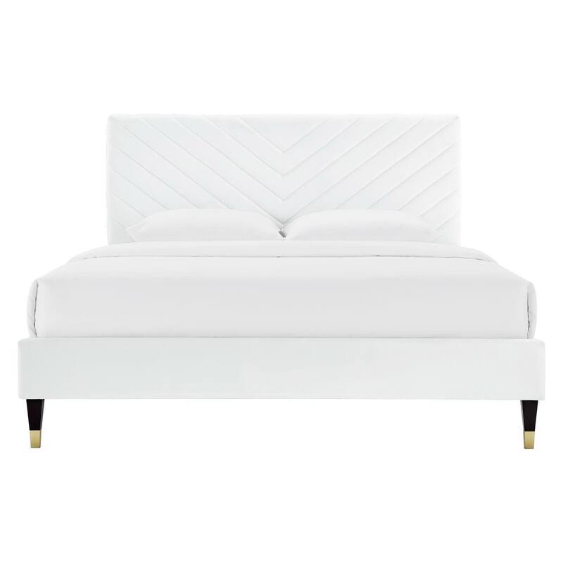 Roxanne Performance Velvet Platform Bed With Wood and Gold Legs