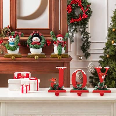 Glitzhome Set of 3 JOY with Snowman Cardinals Stocking Holders Christmas Decor